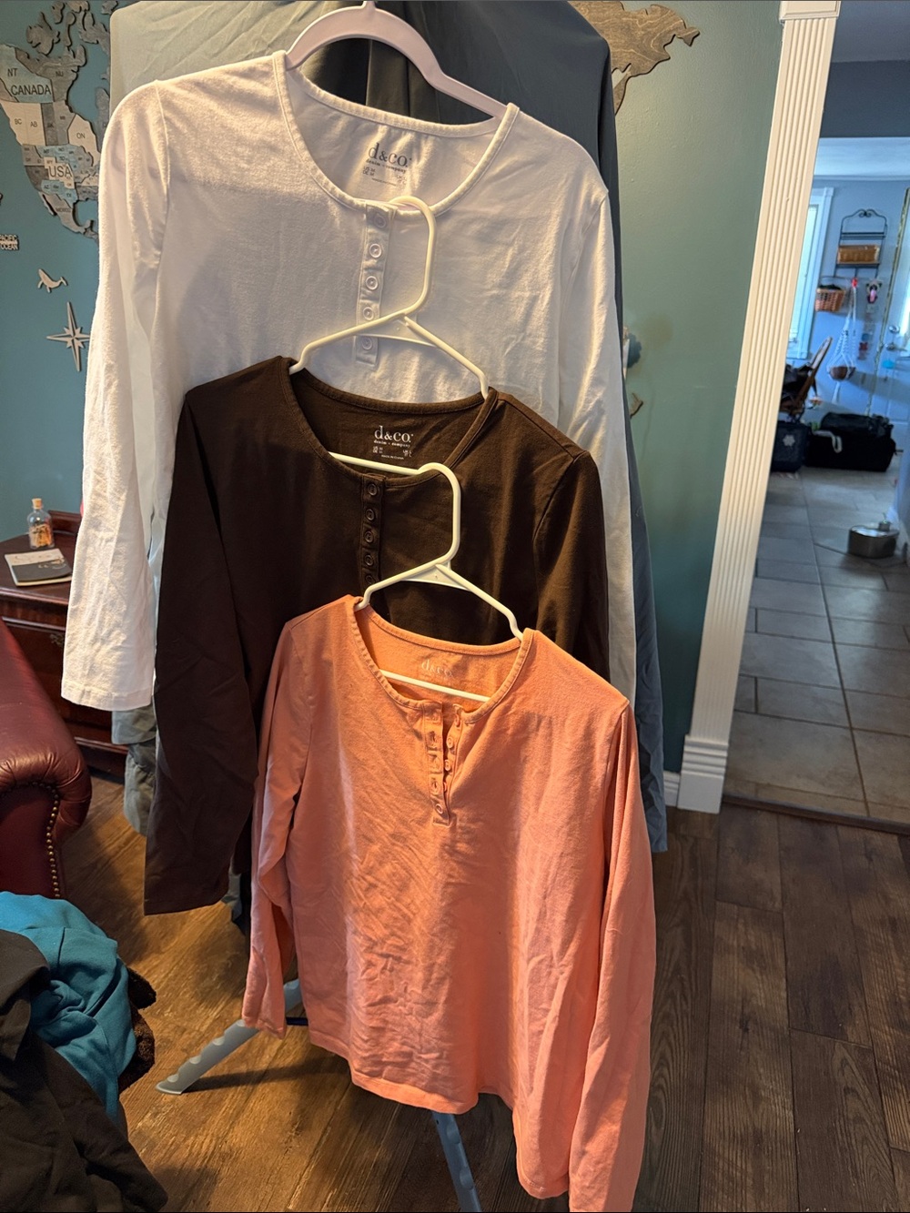 Denim&Co Long-Sleeve Henley women’s Tops in White, Brown, and Peach bundle